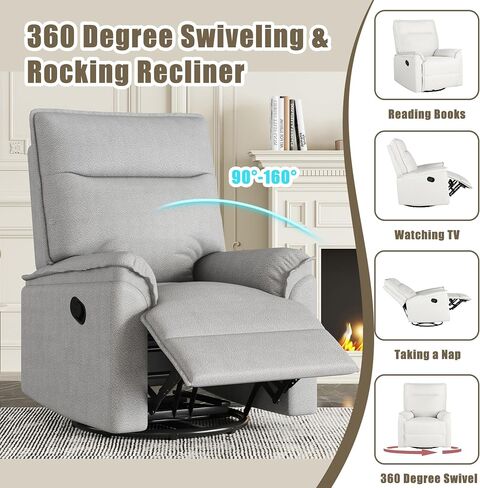 FANYE 360°Swivel Glider Recliner Rocker Chair Linen Upholstered Sofachair,Modern Living Room Nursery Rocker Recliner Chair Manual Reclining Glider Armchair with Pillow-Top Armrests for Home Office in Saudi Arabia