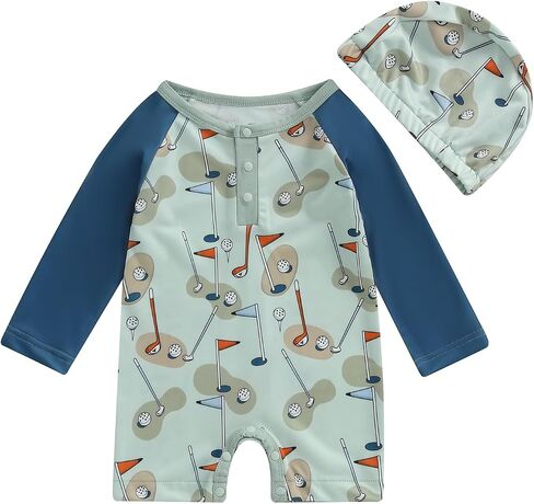 Toddler Baby Boy Swimsuit Rash Guard Fish Golf Pattern Snap Button Long Sleeve Swimwear with Swim Cap in Saudi Arabia