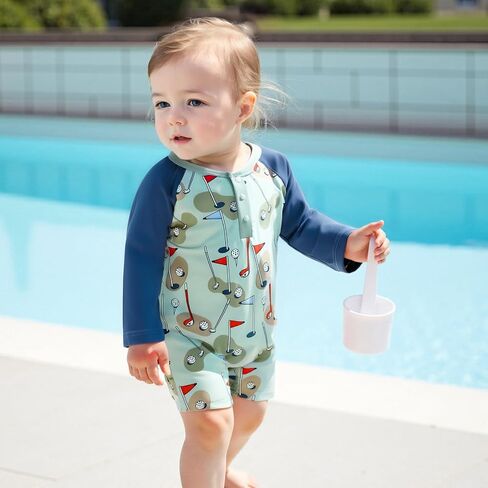 Toddler Baby Boy Swimsuit Rash Guard Fish Golf Pattern Snap Button Long Sleeve Swimwear with Swim Cap in Saudi Arabia