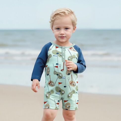 Toddler Baby Boy Swimsuit Rash Guard Fish Golf Pattern Snap Button Long Sleeve Swimwear with Swim Cap in Saudi Arabia