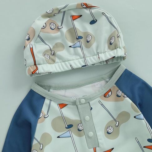Toddler Baby Boy Swimsuit Rash Guard Fish Golf Pattern Snap Button Long Sleeve Swimwear with Swim Cap in Saudi Arabia