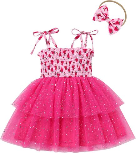 IDOPIP Toddler Baby Girls Tutu Dress Smocked Princess Strawberry Melon Birthday Party Dresses with Headband Cake Smash Outfit in Saudi Arabia