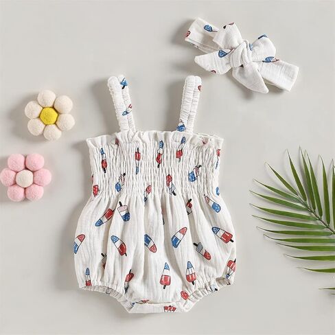 YINGISFITM 4th Of July Baby Girl Outfit American Flag Jumpsuit Sleeveless Romper Dress Ice Cream Print Fourth Of July Clothes in Saudi Arabia