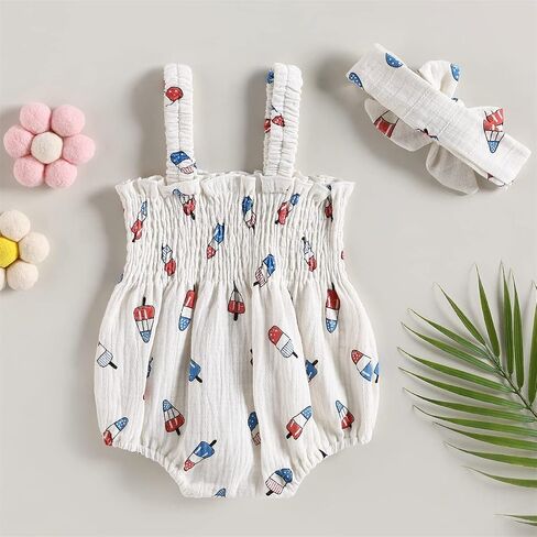 YINGISFITM 4th Of July Baby Girl Outfit American Flag Jumpsuit Sleeveless Romper Dress Ice Cream Print Fourth Of July Clothes in Saudi Arabia