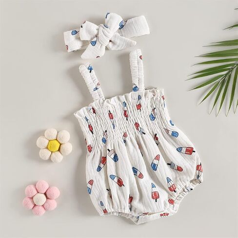YINGISFITM 4th Of July Baby Girl Outfit American Flag Jumpsuit Sleeveless Romper Dress Ice Cream Print Fourth Of July Clothes in Saudi Arabia