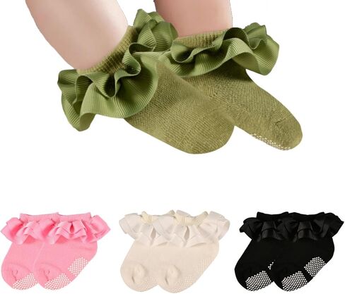 3 Pack for 0-12 Months Non Skid Ruffle Double Lace Frilly Cotton Socks Non Slip Grip Ankle Toddler Socks in Saudi Arabia