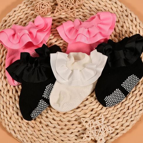 3 Pack for 0-12 Months Non Skid Ruffle Double Lace Frilly Cotton Socks Non Slip Grip Ankle Toddler Socks in Saudi Arabia