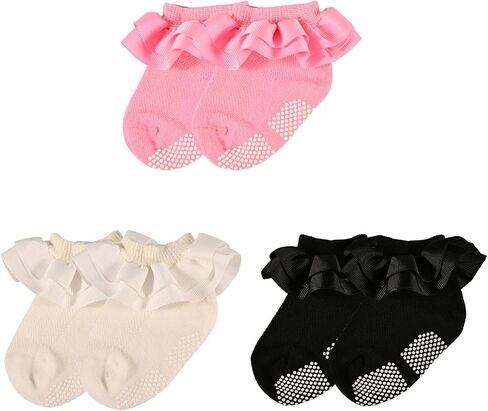 3 Pack for 0-12 Months Non Skid Ruffle Double Lace Frilly Cotton Socks Non Slip Grip Ankle Toddler Socks in Saudi Arabia