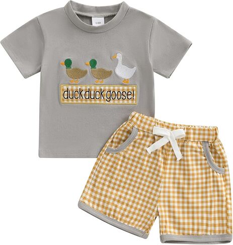 Toddler Baby Boy Clothes Summer Mallard Duck Goose Short Sleeve T-Shirt Tops Plaid Shorts 2Pcs Farm Outfit Set in Saudi Arabia