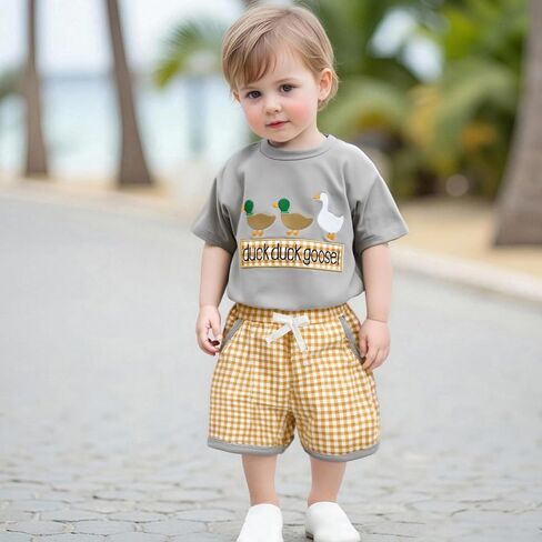 Toddler Baby Boy Clothes Summer Mallard Duck Goose Short Sleeve T-Shirt Tops Plaid Shorts 2Pcs Farm Outfit Set in Saudi Arabia