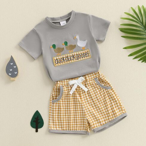 Toddler Baby Boy Clothes Summer Mallard Duck Goose Short Sleeve T-Shirt Tops Plaid Shorts 2Pcs Farm Outfit Set in Saudi Arabia