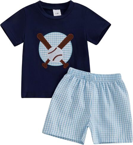 Mandizy Toddler Baby Boy Baseball Outfit Embroidered Short Sleeve T-Shirt Plaid Print Shorts Set Golf Sports Theme Clothes in Saudi Arabia