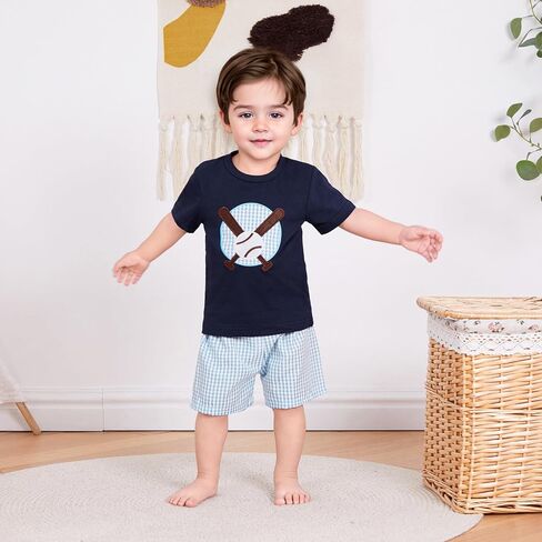 Mandizy Toddler Baby Boy Baseball Outfit Embroidered Short Sleeve T-Shirt Plaid Print Shorts Set Golf Sports Theme Clothes in Saudi Arabia