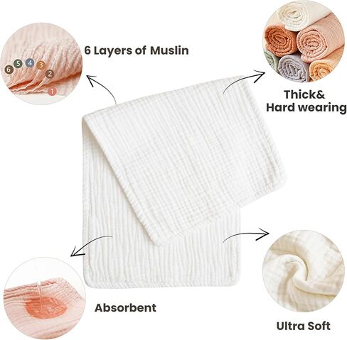 Konssy 10-Pack Muslin Baby Burp Cloths Sets for Baby Girls and Boys, 100% Cotton Soft & Absorbent Burp Rags for Newborn & Infant in Saudi Arabia