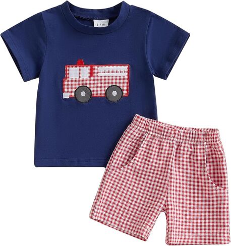 Toddler Baby Boy Summer Outfits Short Sleeve Fire Truck Embroidery T-Shirt + Short Pants 2Pcs Set Casual Clothes in Kuwait