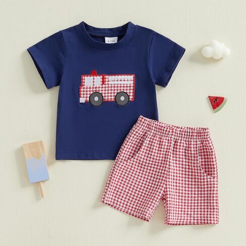 Toddler Baby Boy Summer Outfits Short Sleeve Fire Truck Embroidery T-Shirt + Short Pants 2Pcs Set Casual Clothes in Kuwait