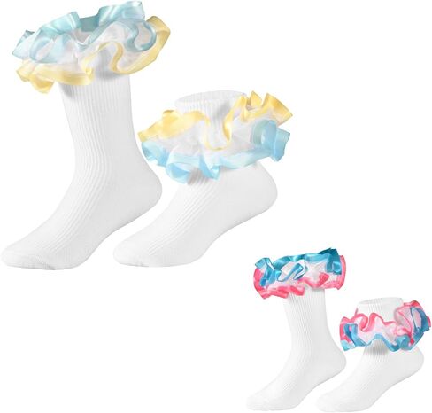 Baby Girls Two Tone Blue Lace Ruffle Socks, Double Frilly Fancy Dress Socks for Toddler Girls 1T-3T/4T-6T/6-8T in Kuwait
