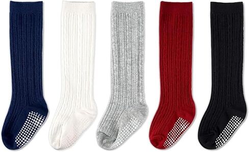 CozyWay Baby & Toddler Knee High Socks With Grippers Non Slip Grip Socks for Girls Soft Comfy Cotton - Multi Color - 5 Pack in Kuwait