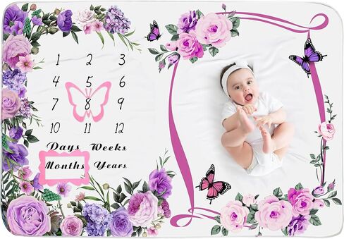 Chumia Baby Monthly Milestone Blanket Floral for Baby Girl Growth Soft 59"x39" Photo Prop 1 Month Age Pink Calendar Blanket Newborn Shower Gifts Nursery Decor with 2 Felt Wreath Frame(Pink,Flower) in Saudi Arabia