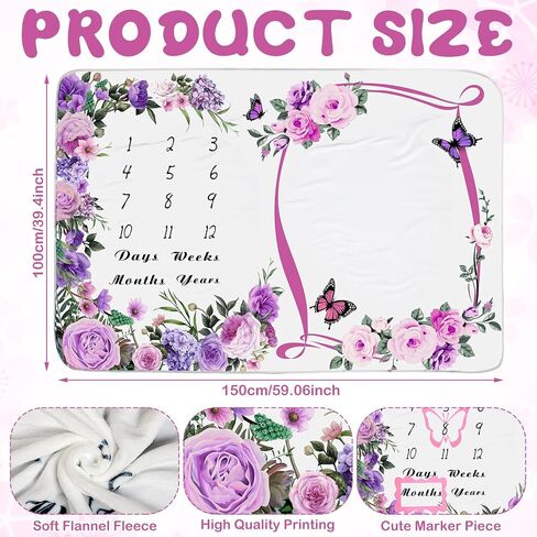 Chumia Baby Monthly Milestone Blanket Floral for Baby Girl Growth Soft 59"x39" Photo Prop 1 Month Age Pink Calendar Blanket Newborn Shower Gifts Nursery Decor with 2 Felt Wreath Frame(Pink,Flower) in Saudi Arabia