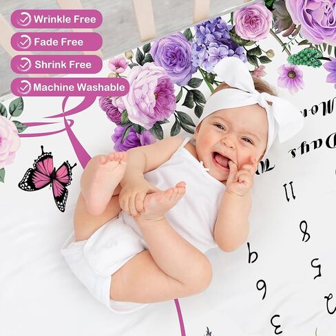 Chumia Baby Monthly Milestone Blanket Floral for Baby Girl Growth Soft 59"x39" Photo Prop 1 Month Age Pink Calendar Blanket Newborn Shower Gifts Nursery Decor with 2 Felt Wreath Frame(Pink,Flower) in Saudi Arabia
