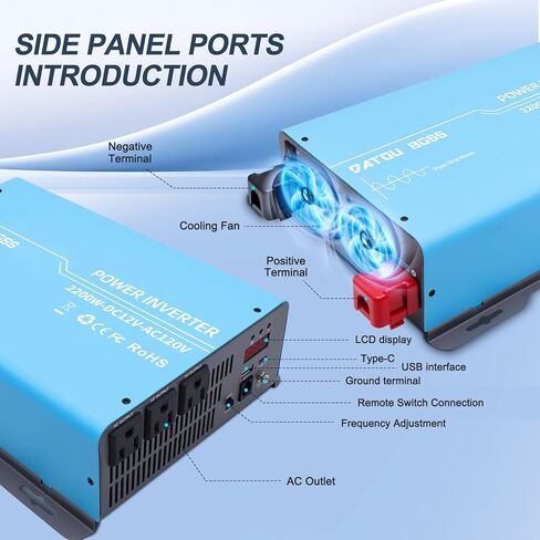 DATOUBOSS Power Inverter 2400W Pure Sine Wave Inverter 12V to 110V 120V AC Converter, 1200 Watt Power Inverters with 3 AC AC Outlets and USB & Type-C for Car, RV, Home, Truck, Off-Grid Solar in Kuwait
