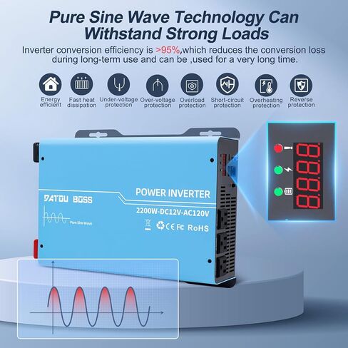 DATOUBOSS Power Inverter 2400W Pure Sine Wave Inverter 12V to 110V 120V AC Converter, 1200 Watt Power Inverters with 3 AC AC Outlets and USB & Type-C for Car, RV, Home, Truck, Off-Grid Solar in Kuwait