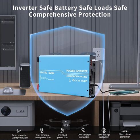 DATOUBOSS Power Inverter 2400W Pure Sine Wave Inverter 12V to 110V 120V AC Converter, 1200 Watt Power Inverters with 3 AC AC Outlets and USB & Type-C for Car, RV, Home, Truck, Off-Grid Solar in Kuwait