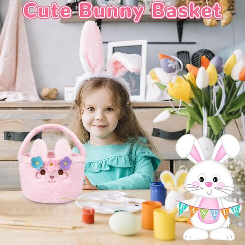 Easter Basket - Easter Baskets for Kids, Pink Plush Easter Bunny Baskets, Empty Easter Basket for Boys, Cute Kids Bunny Basket for Girls Easter Gifts Easter Decoration in Saudi Arabia