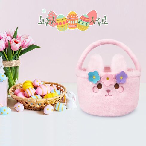 Easter Basket - Easter Baskets for Kids, Pink Plush Easter Bunny Baskets, Empty Easter Basket for Boys, Cute Kids Bunny Basket for Girls Easter Gifts Easter Decoration in Saudi Arabia