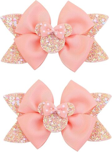 4.5 Inch Cute Mouse Ears Sequins Bows Hair Clips For Baby Girls, Toddler, Kids and Young Women Birthday Party Wedding Christmas Occasions Set of 2 (B- Coral Pink) in Kuwait