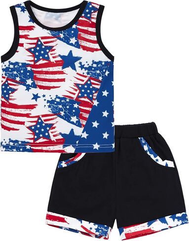 Migu 4th of July Boy Outfit Summer Summer ، Star Stripe Sleveless Top+Short Pants 2PCs in Kuwait