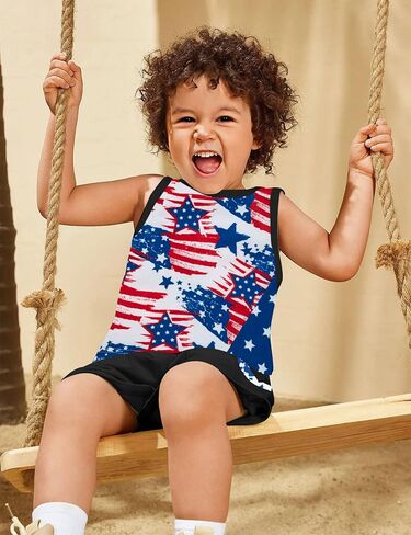 Migu 4th of July Boy Outfit Summer Summer ، Star Stripe Sleveless Top+Short Pants 2PCs in Kuwait