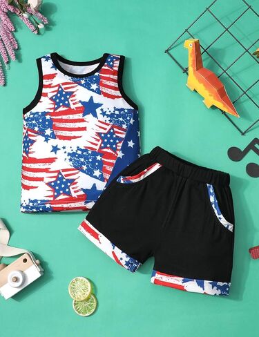 Migu 4th of July Boy Outfit Summer Summer ، Star Stripe Sleveless Top+Short Pants 2PCs in Kuwait