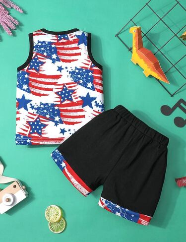 Migu 4th of July Boy Outfit Summer Summer ، Star Stripe Sleveless Top+Short Pants 2PCs in Kuwait