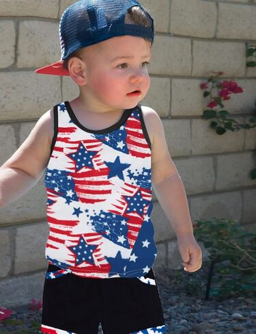 Migu 4th of July Boy Outfit Summer Summer ، Star Stripe Sleveless Top+Short Pants 2PCs in Kuwait