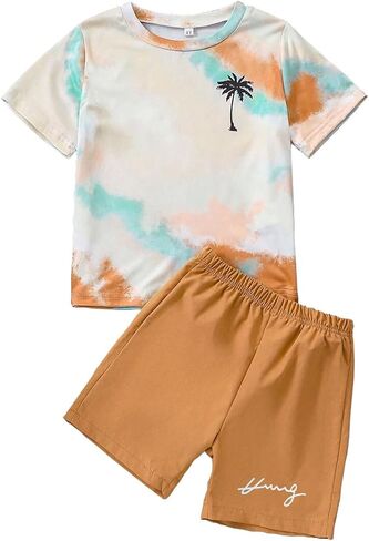 Kid Toddler Baby Boys Clothes Tie-dye Palm Leaf Top 2Pcs Summer Shorts Set in Saudi Arabia