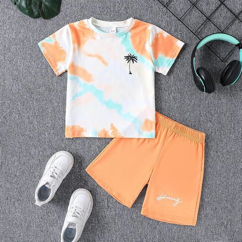 Kid Toddler Baby Boys Clothes Tie-dye Palm Leaf Top 2Pcs Summer Shorts Set in Saudi Arabia
