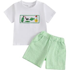 Toddler Baby Boy Clothes Golf Cart Embroidery Short Sleeve T-Shirt Top Gingham Seersucker Shorts Set Summer Outfits