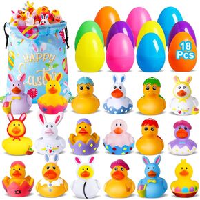 18 Pack Easter Rubber Ducks with Easter Eggs, Easter Baskets Stuffer Easter Egg Fillers in Bulk, Jeep Ducks for Kids, Bath Toys Easter Gifts for Boys Girls, Easter Games Party Favors Classroom Prizes
