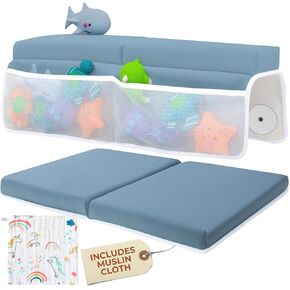 Comfortable Baby Bath Kneeler and Elbow Rest Pad Set with Unicorn Burp Cloth - Thick, Non-Slip, Memory Foam Kneeling Pad for Bathing Baby with Toy Storage Pockets - Easy Clean and Durable - Blue