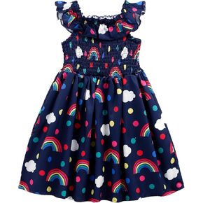 Toddler Little Girls Summer Dresses Floral Ruffle Sleeve A-Line Sundress Smocked Swing Birthday Outfits Dress 2-7 Years