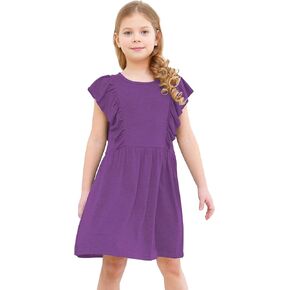 Jimonda Girls Dress Ruffle Sleeve Toddler School Skater Dress for Kids 2-8Y
