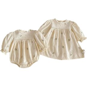 100% Cotton Baby Girls' Embroidered Puff - Sleeve Round Neck Dress for Holidays & Parties
