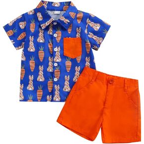 Noubeau Toddler Baby Boy Easter Outfits Bunny Short Sleeve Button Down Shirt Top Pocket Casual Shorts Set Summer Clothes