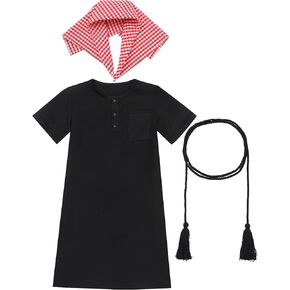 IDOPIP Muslim Baby Boys Ramadan Eid Outfit Kaftan Thobe Arabic Islamic Abaya Dubai Robe Prayer Clothes with Head Scarf + Rope