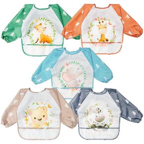 R HORSE 5Pcs Long Sleeved Bib for Babies, Toddlers Woodland Waterproof Infants Feeding Bibs with Great Capacity Pocket, Safari Jungle Smock Baby Shower Birthday Gift for 6-36 Months