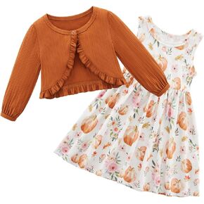 Patgoal Kid Toddler Girl Fall Dress+Cardigan 2 Piece Pumpkin Sleeveless Dress and Cardigan Set Halloween Thanksgiving Outfits