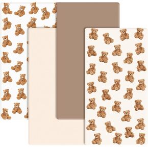 4 Pack Bear Baby Crib Fitted Sheet 52'' x 28'' Bear Stretchy Neutral Fitted Crib Mattress Sheet Baby Bedding for Standard Mattress Gift Set