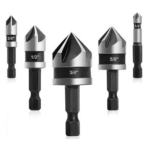 Countersink Drill Bit Set 5 Flute 90 Degree Woodworking Chamfering Cutter 1/4 3/8 1/2 5/8 3/4 Inch Chamfer Tapered Bits for Metal Wood Plywood Plastic